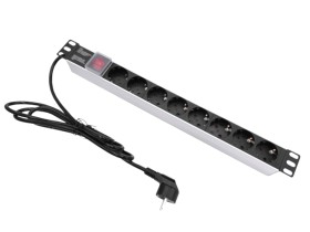 Блок розеток 19, 16А, 8 розеток, шнур 2м, выключатель, корпус алюминий серебряный, лицевая панель -  чёрный 